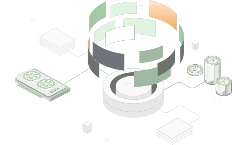 Isometric illustration of GPU infrastructure, tokenized deals, and returns flowing through the Compute Labs platform