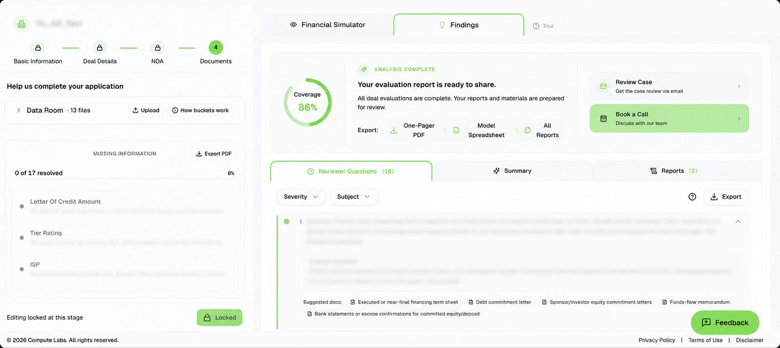 Compute Labs operator dashboard showing the application checklist and the Findings analysis panel